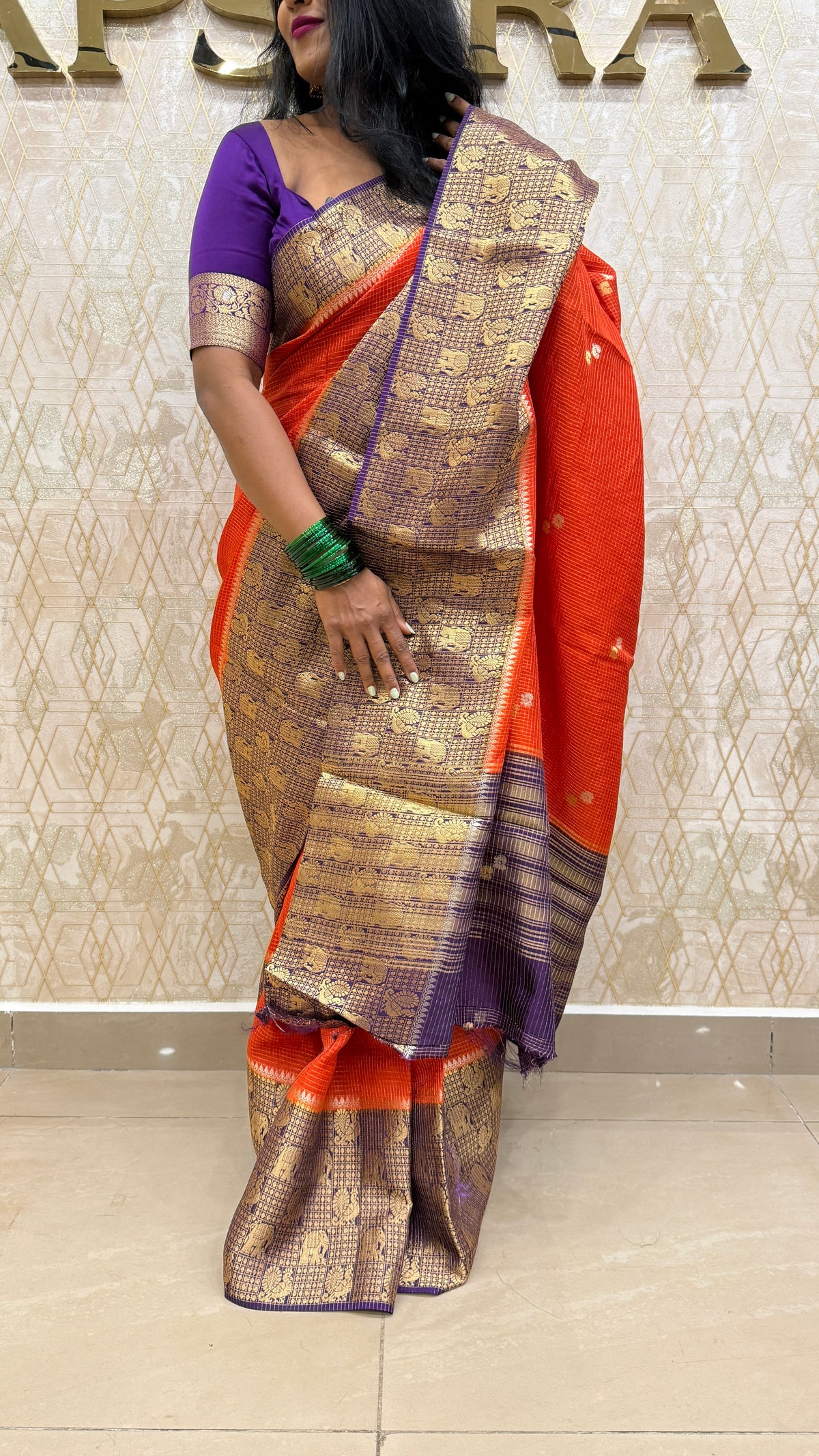 Orange n Purple Checks Cotton Silk Saree 13