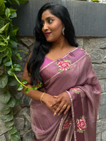 Dusty Pink Satin Silk Petite Point Embroidery Saree 305