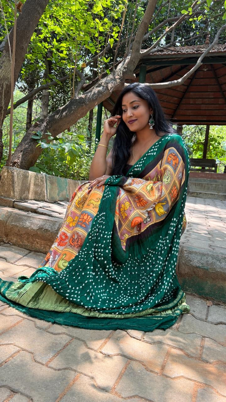 Gold n Green Pure Modal Silk Kalamkari Print Saree 05