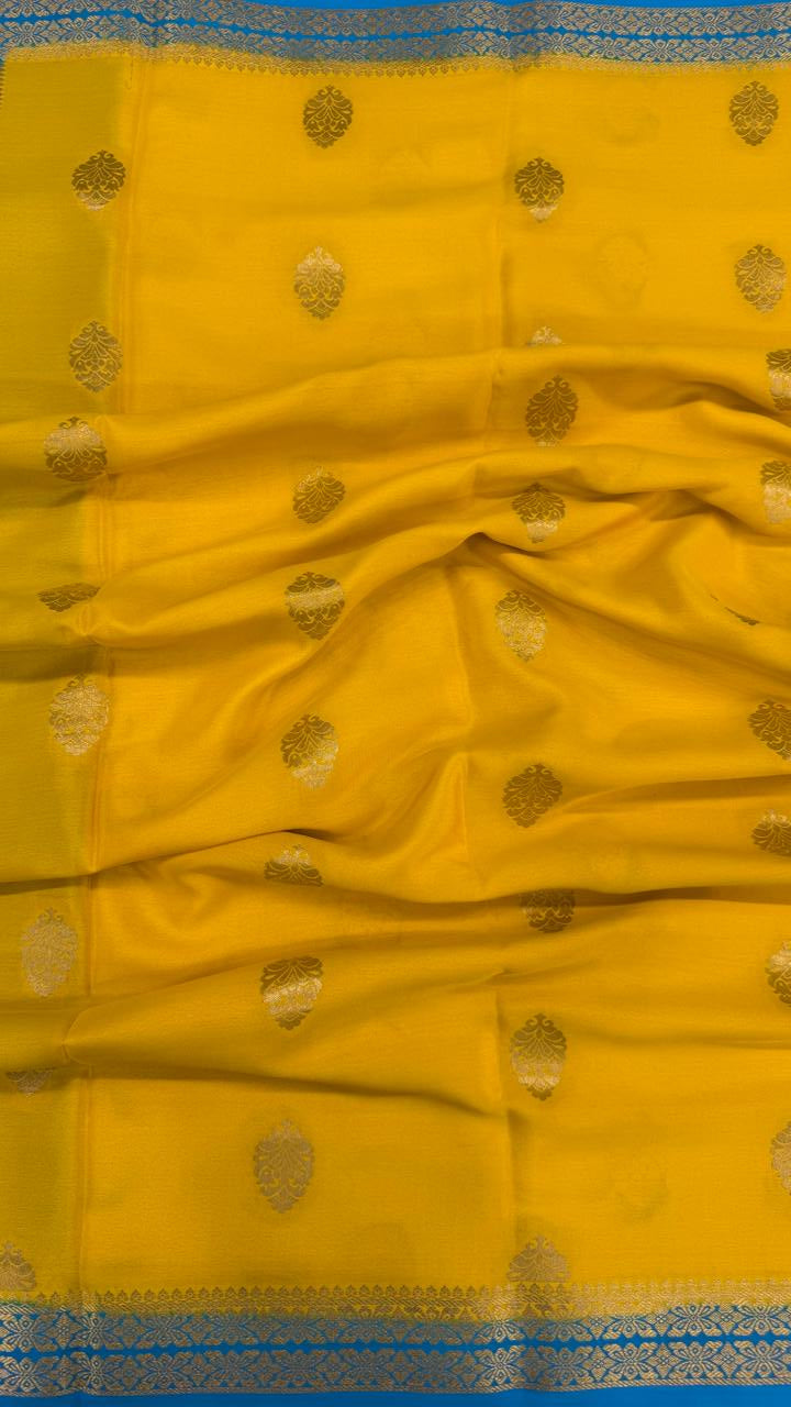 Yellow Big Butta Pure Mysore Silk Crepe Saree 01