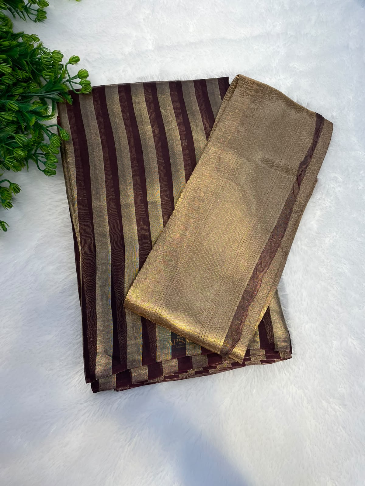 Dark Brown Pure Tissue Stripes Saree 11