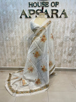 White n Beige Soft Tissue Embroidery With Floral Print Saree 64