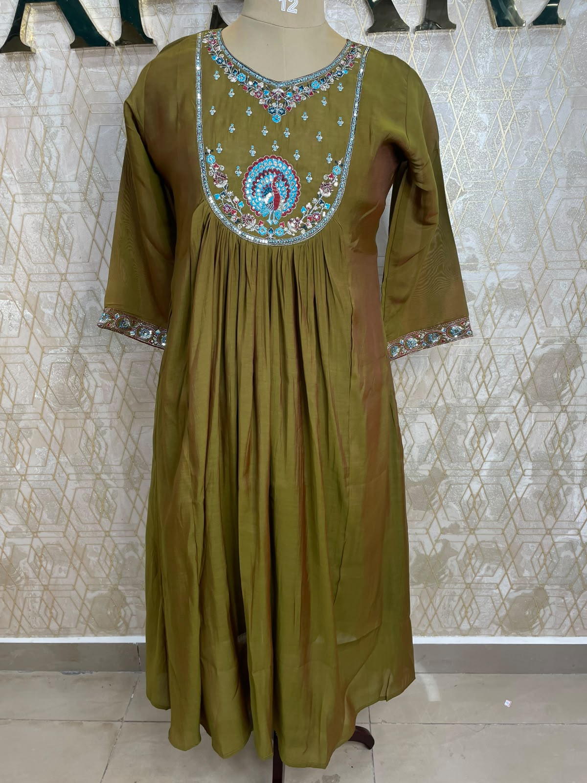 Mehendi Green Mul Chanderi Silk Hand Embroidery Airline Alia Cut Kurtha 114