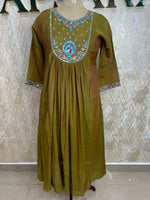 Mehendi Green Mul Chanderi Silk Hand Embroidery Airline Alia Cut Kurtha 114