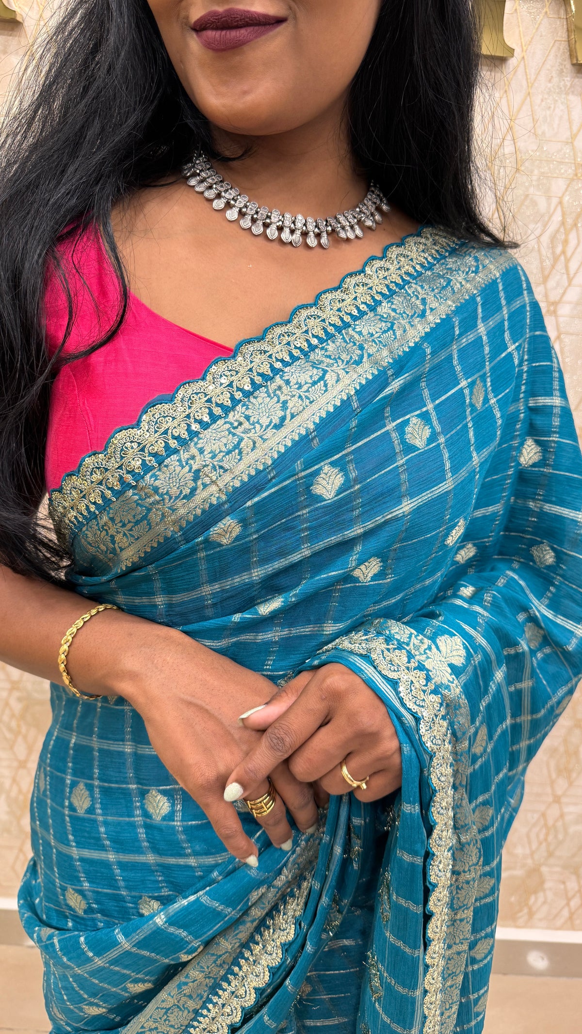Blue Wrinkle Chiffon Saree Traditional Concept
