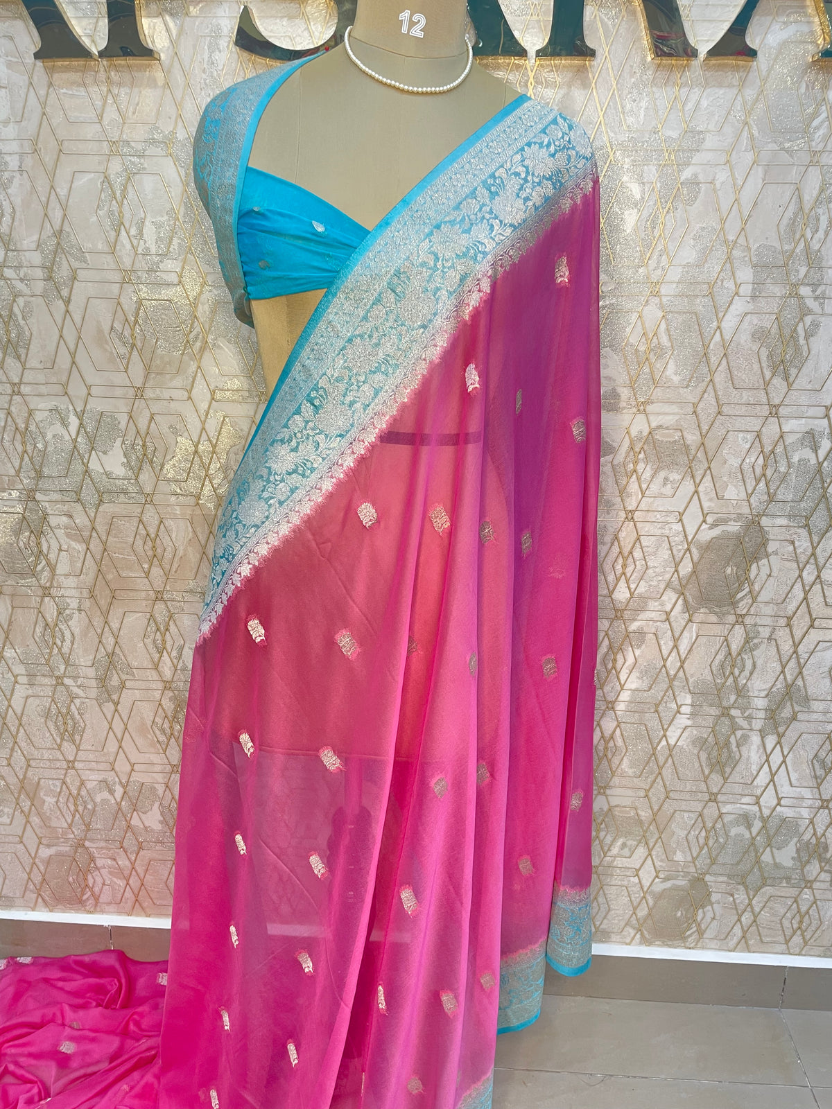 Pink n Sky Blue With Silver Zari Semi Chiffon