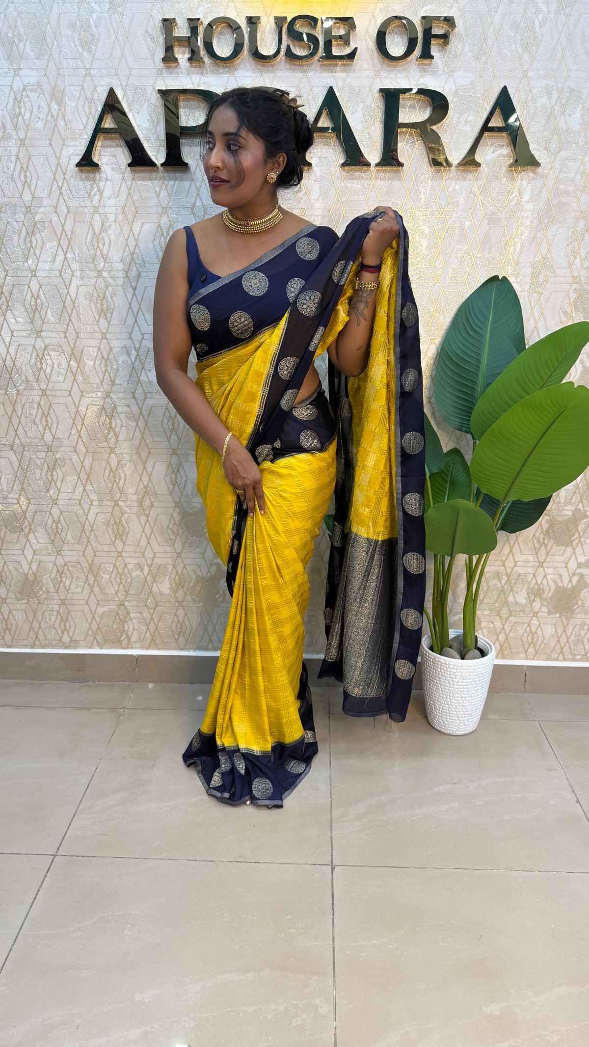 Yellow n Purple Banarasi Chiffon Saree 97