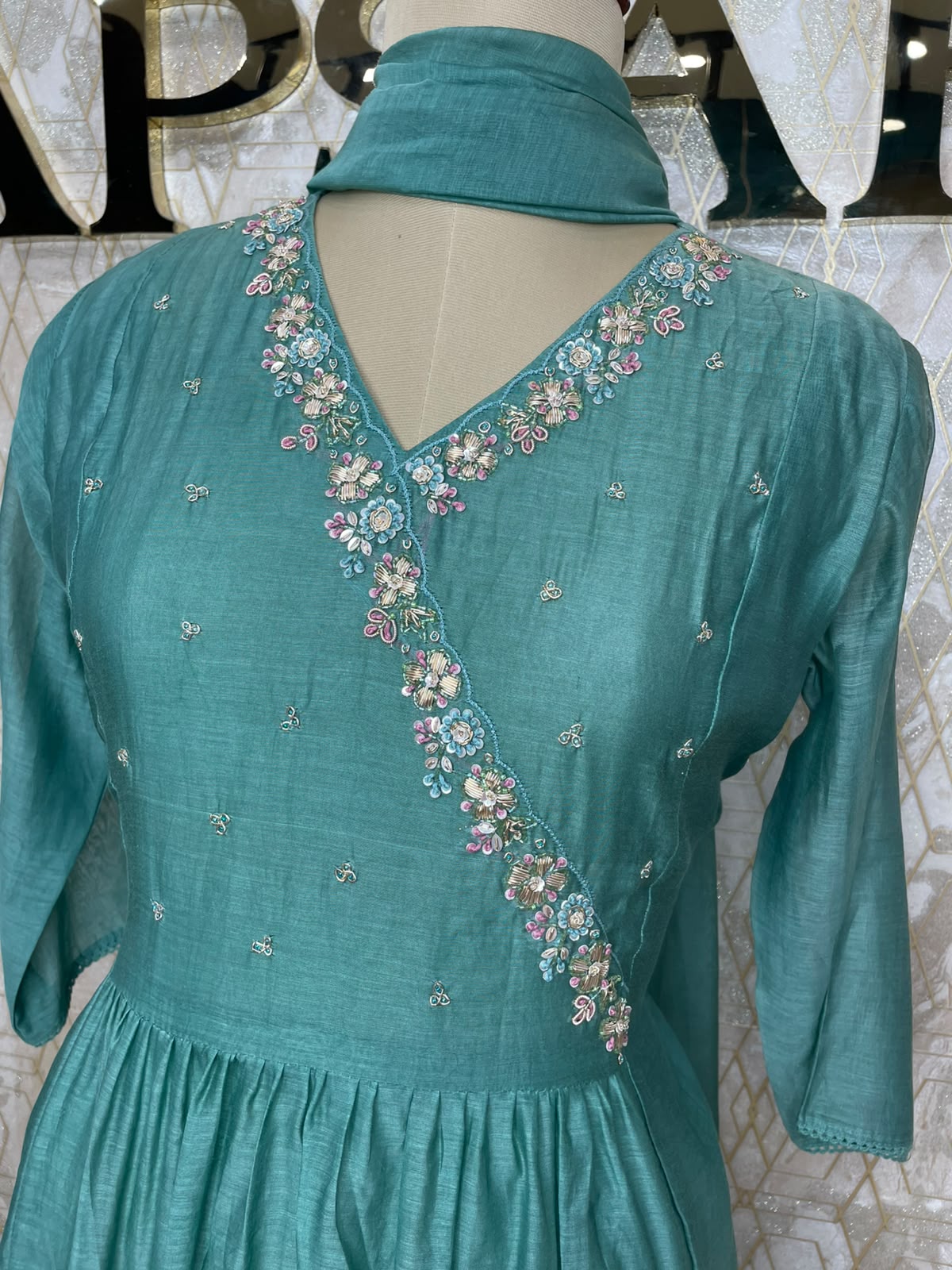 Sea Blue Mul Chanderi Airline Kurtha 113