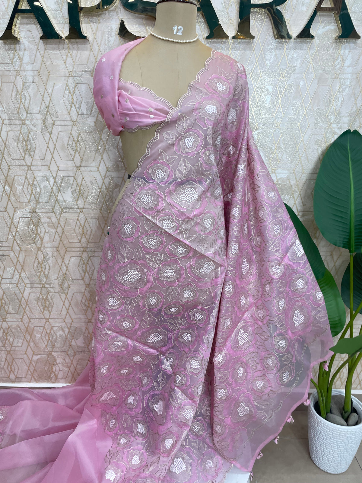 Pink Organza Floral Embroidery Saree 29
