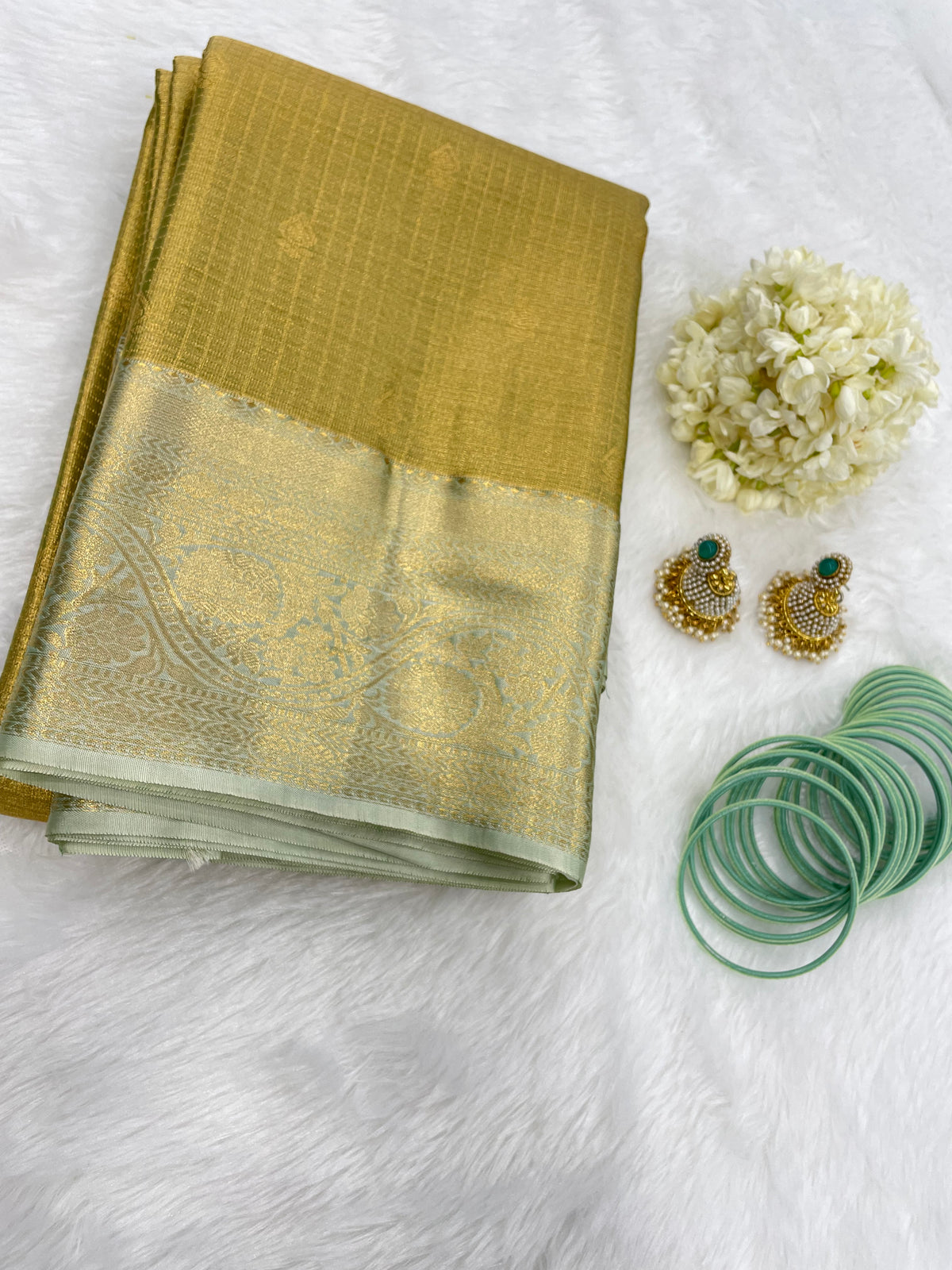 Gold n Pastel Green Brocade Semi Kanchi Tissue Saree