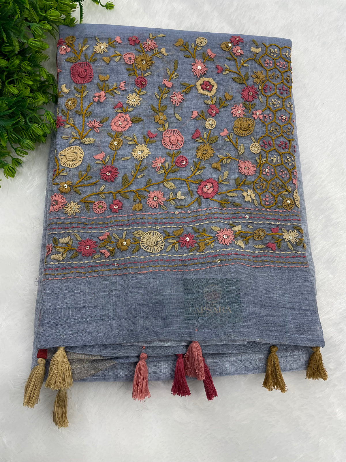 Powder Blue Tissue Linen Knot Work Saree 12