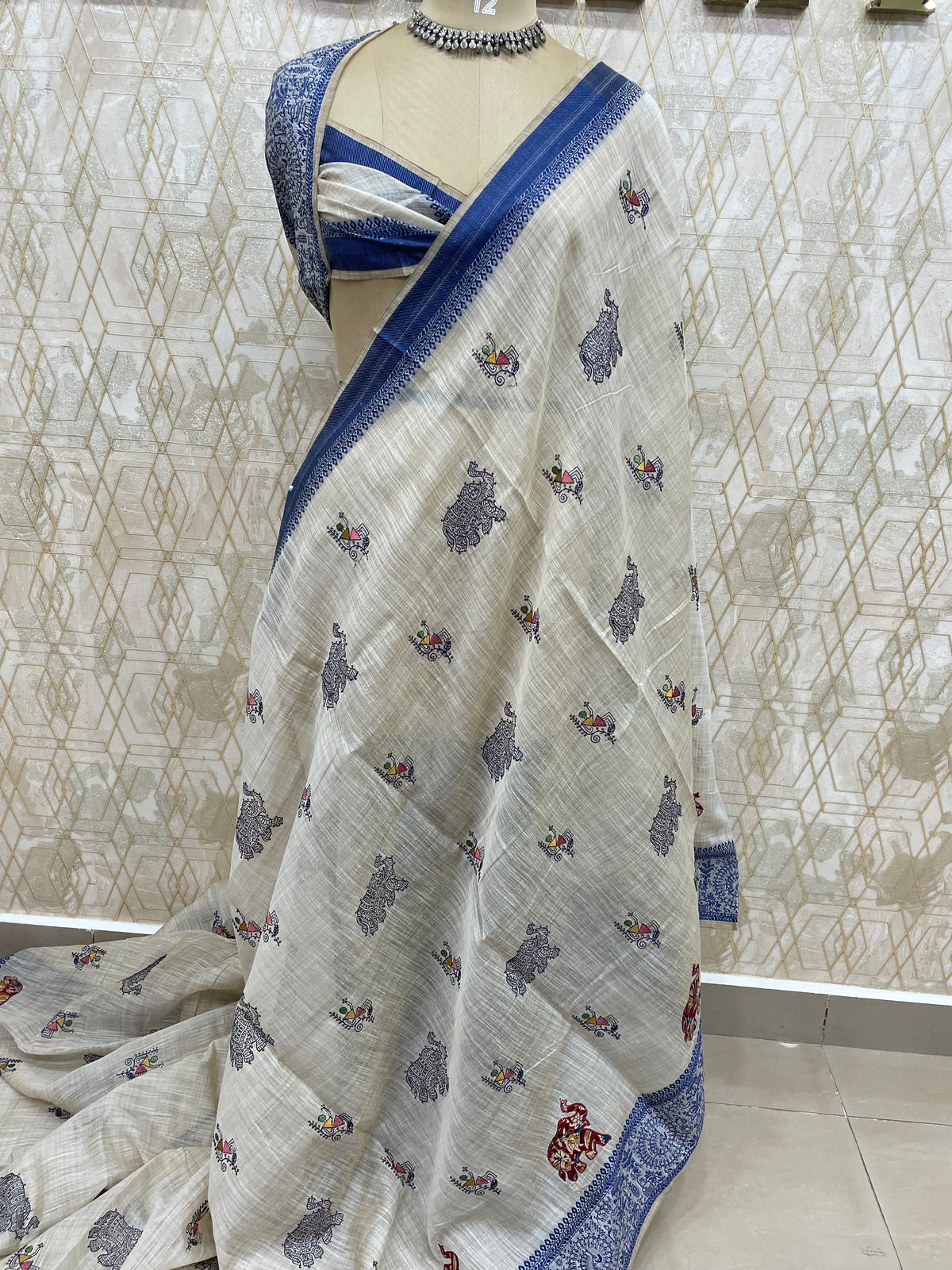 Cream n Blue Lenin Saree 52