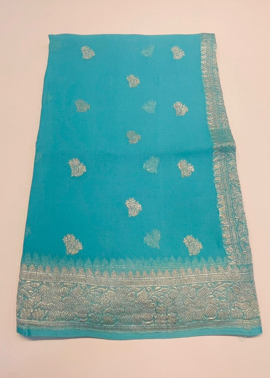 Sky Blue With Silver Zari Pure Khaddi Chiffon