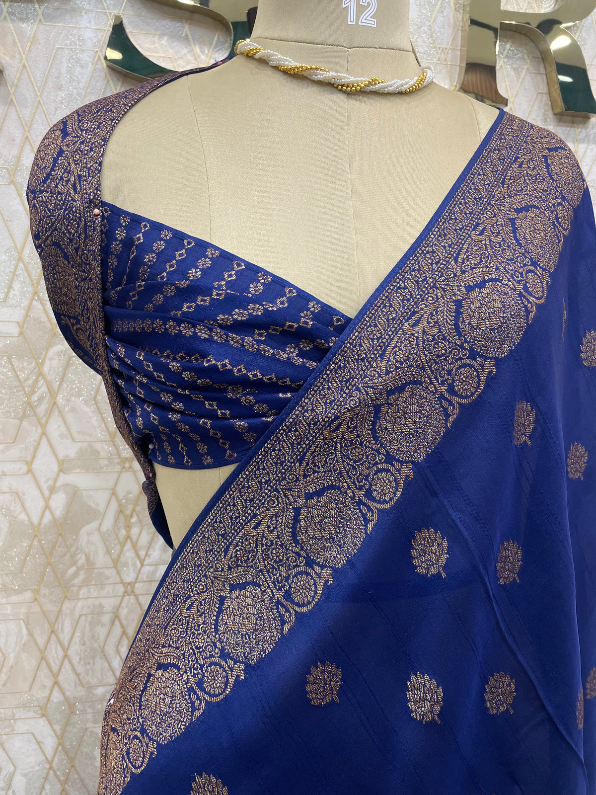 Navy Blue Tussar Gorgette Saree