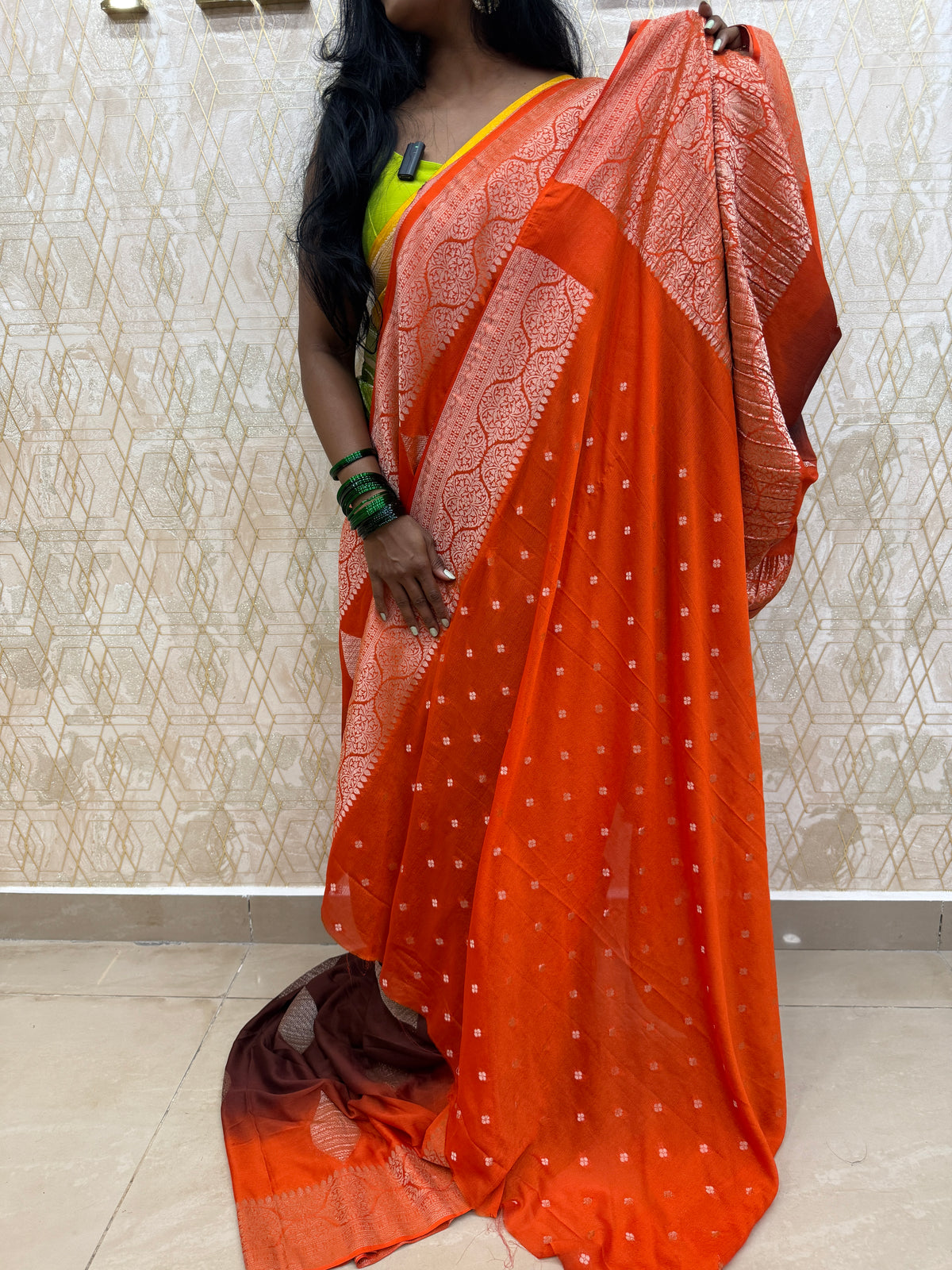 Brown n Orange Khadi Georgette Saree 26