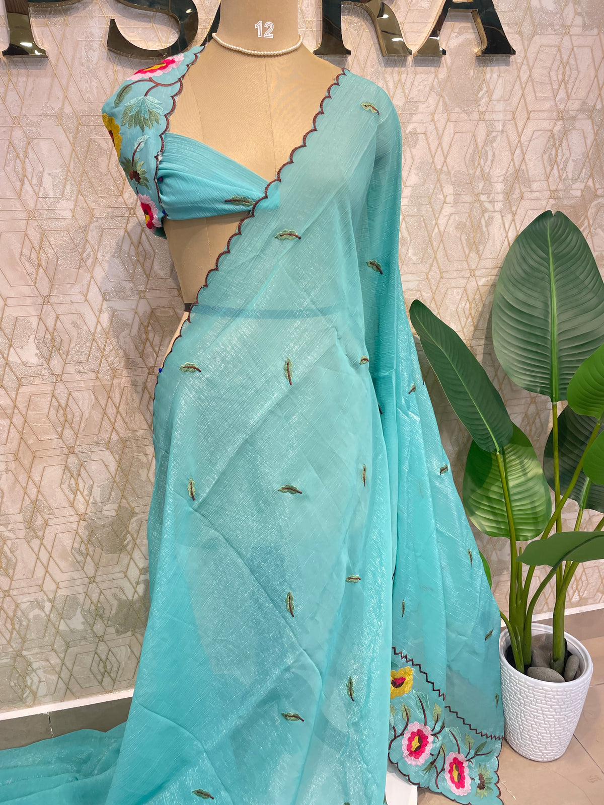 Teal Blue Soft Crush Tissue Sunflower Embroidery Work Saree 301