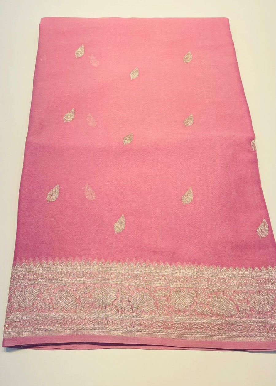 Baby Pink With Silver Zari Pure Khaddi Chiffon