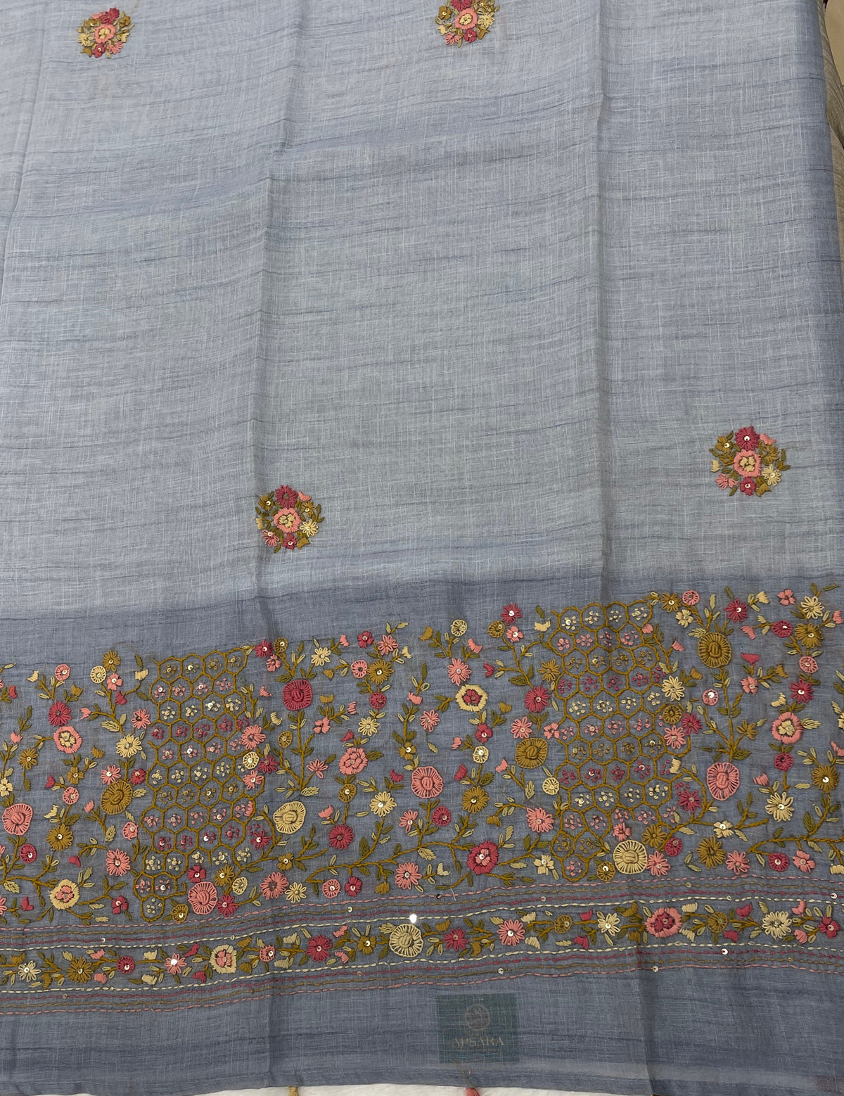 Powder Blue Tissue Linen Knot Work Saree 12