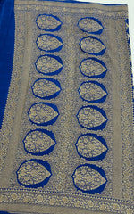 Peacock Blue Pure Banarasi Crepe Self Saree 03