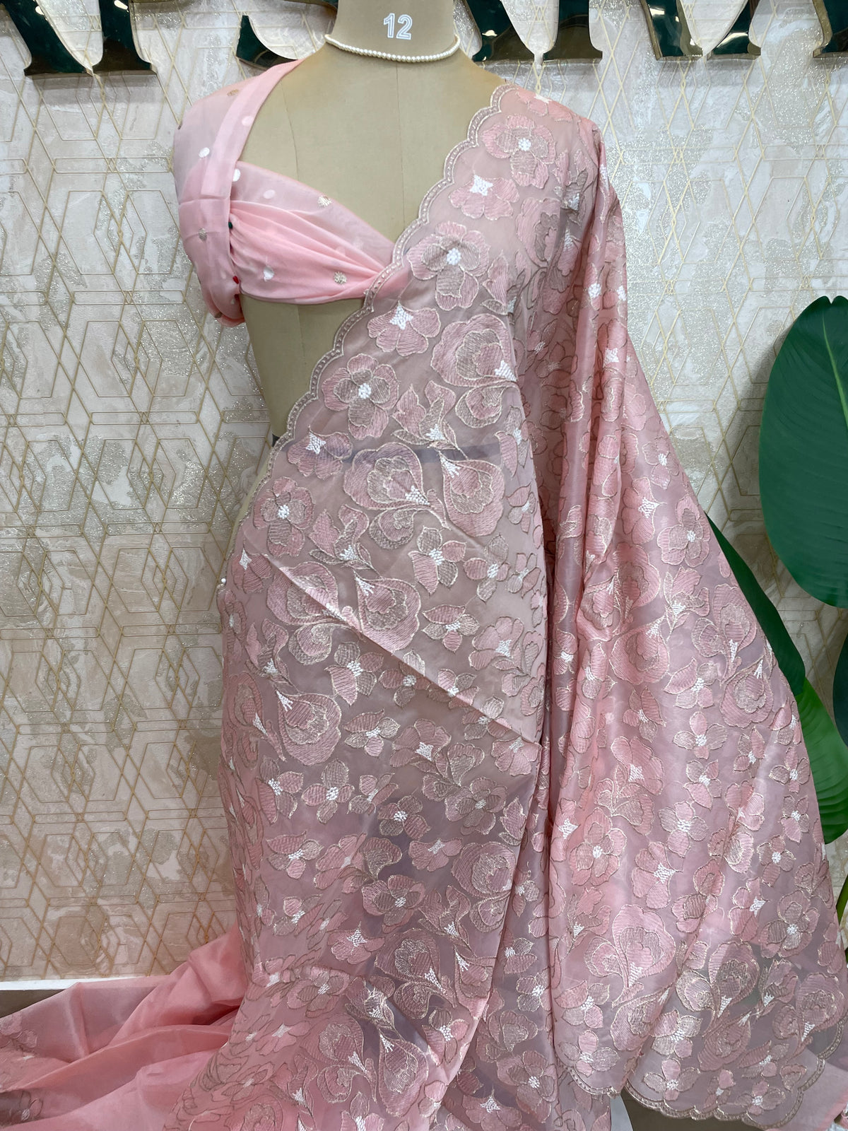 Baby Pink Organza Floral Embroidery Saree 29