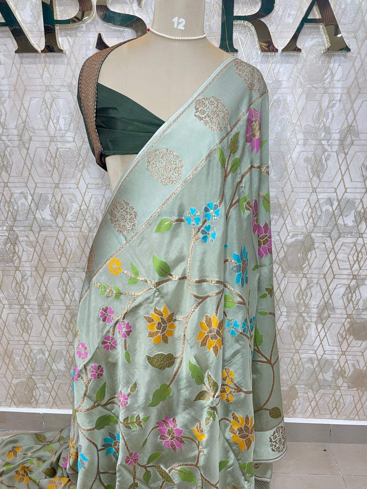 Olive Green Soft Tussur Floral Work Saree 63