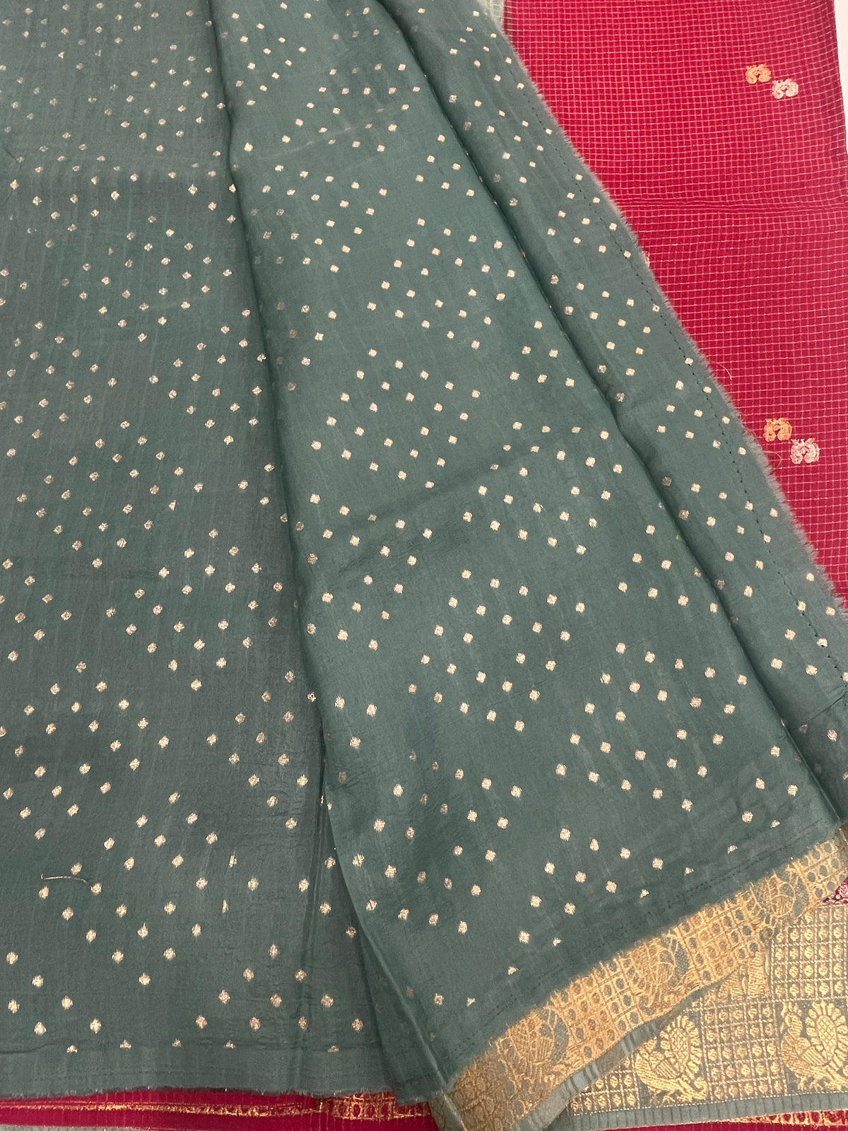 Red n Sky Blue Checks Cotton Silk Saree 13