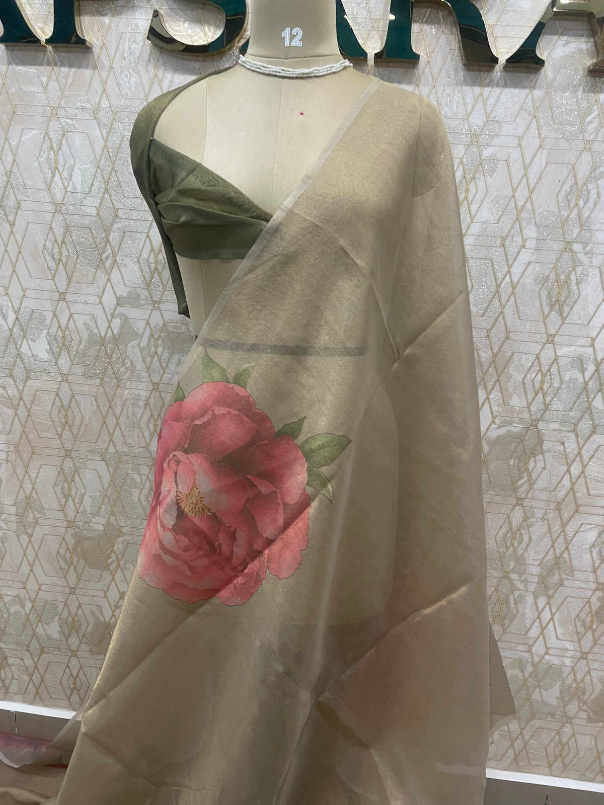 Green n Pink Tissue Floral Print Saree 35