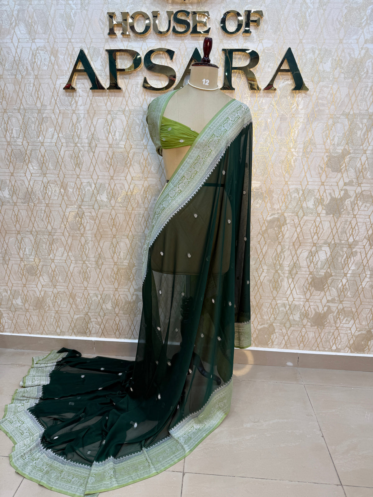 Bottle Green With Silver Zari Semi Chiffon