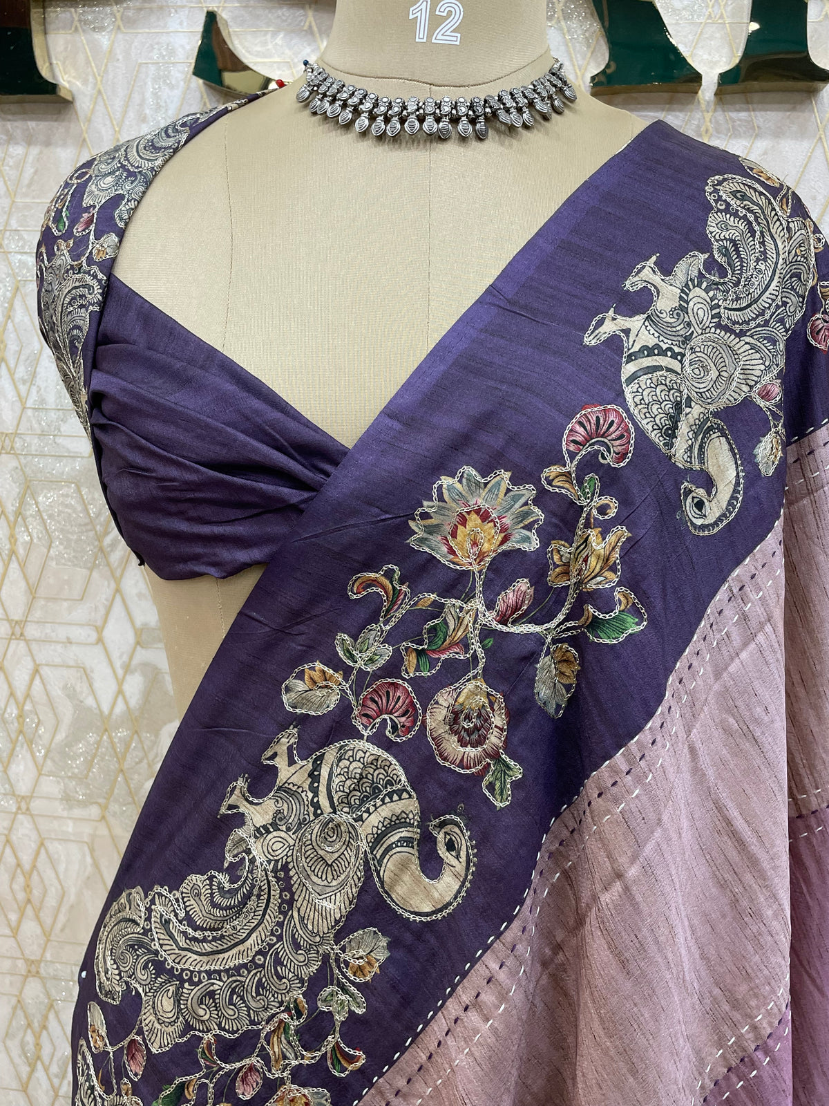 Purple Soft Tussur Aari Work Saree 38