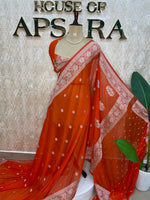 Orange Banarasi Silk Saree With Silvar Zari Semi Chiffon