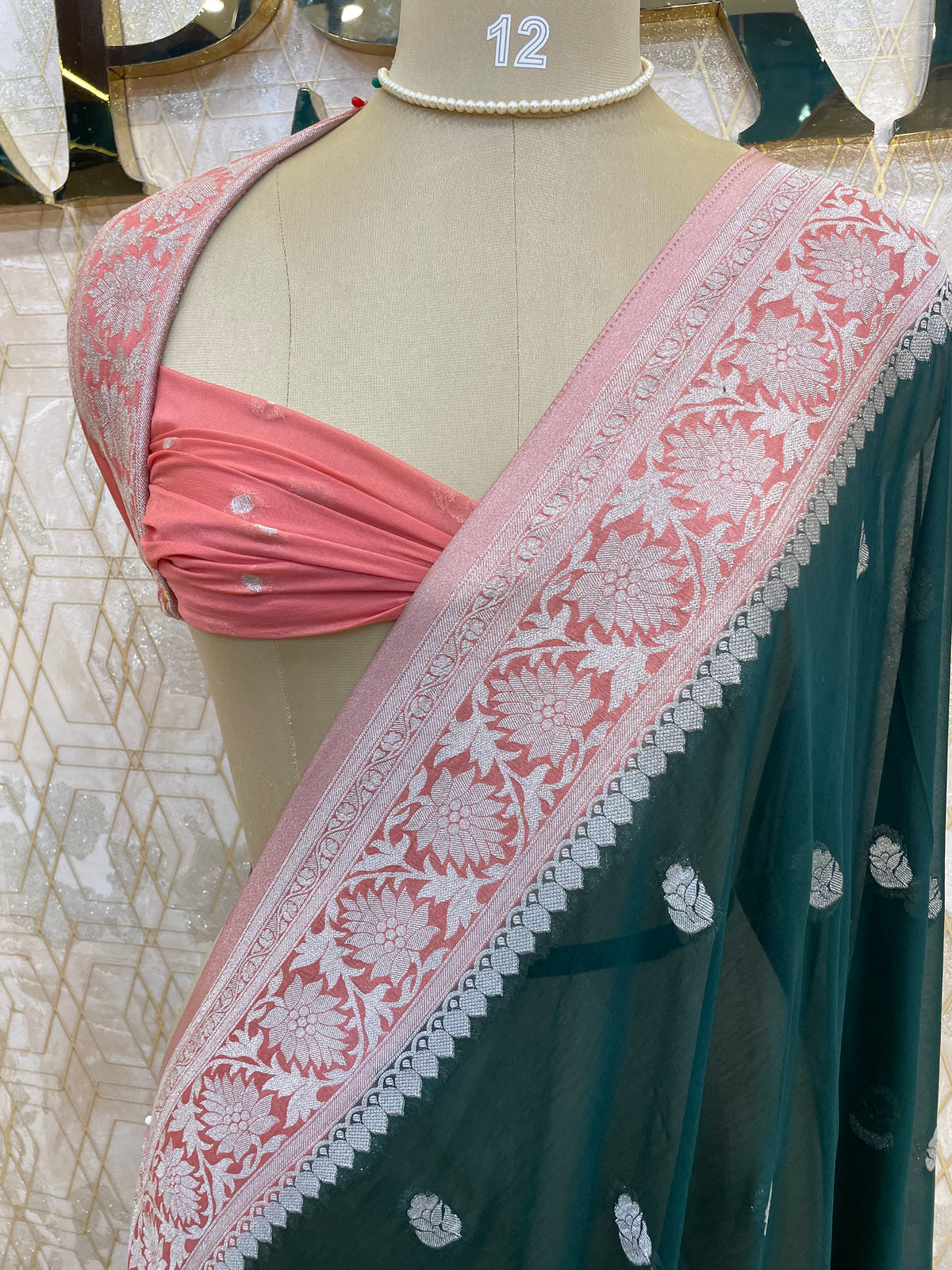 Bottle Green With Silver Zari Semi Chiffon