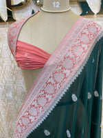 Bottle Green With Silver Zari Semi Chiffon