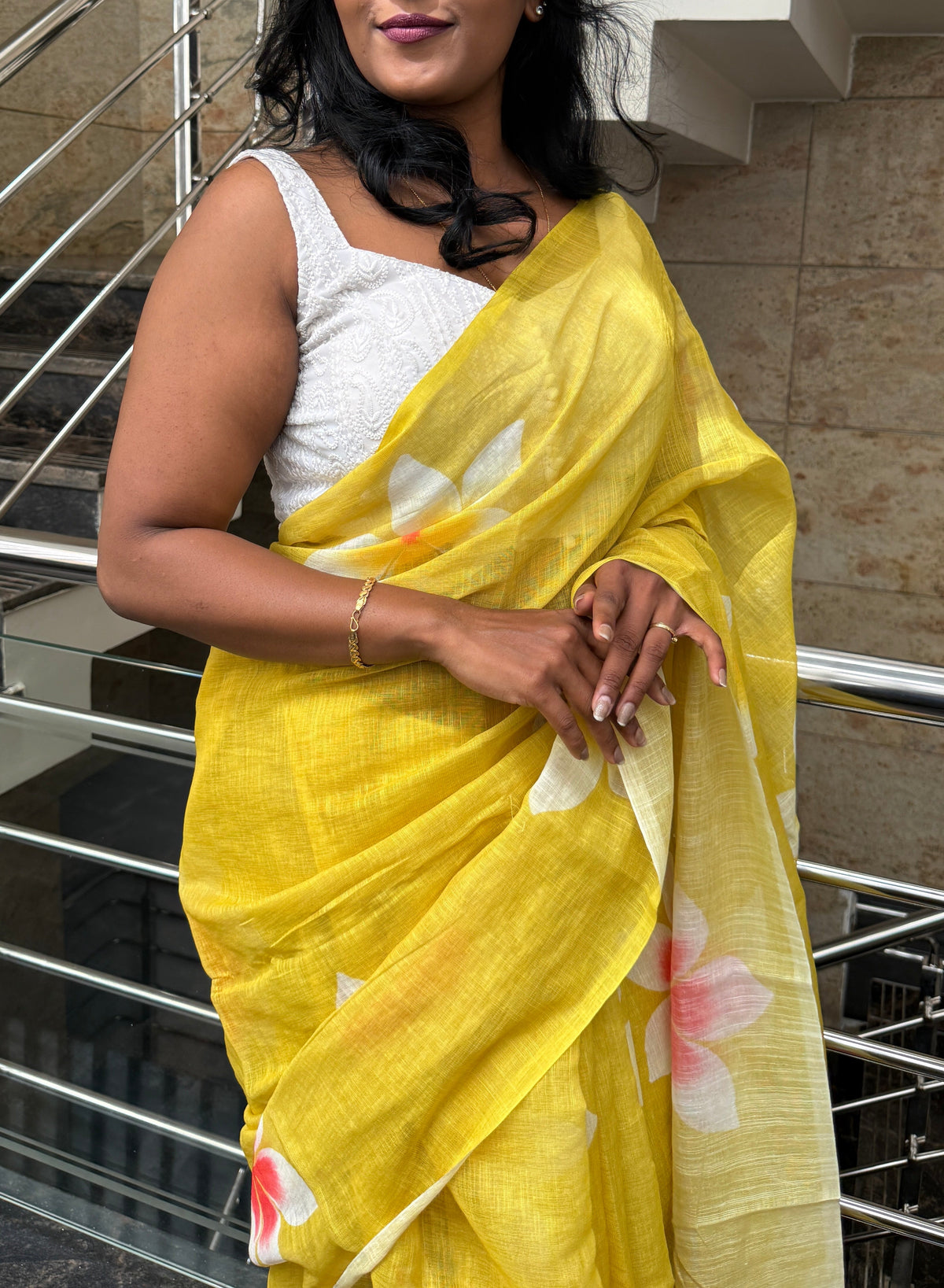 Yellow Lenin Cotton Floral Print Saree 19
