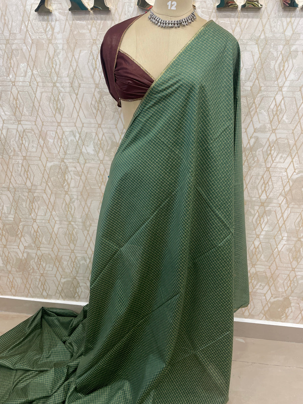 Green n Maroon Checks Cotton Silk Saree 13