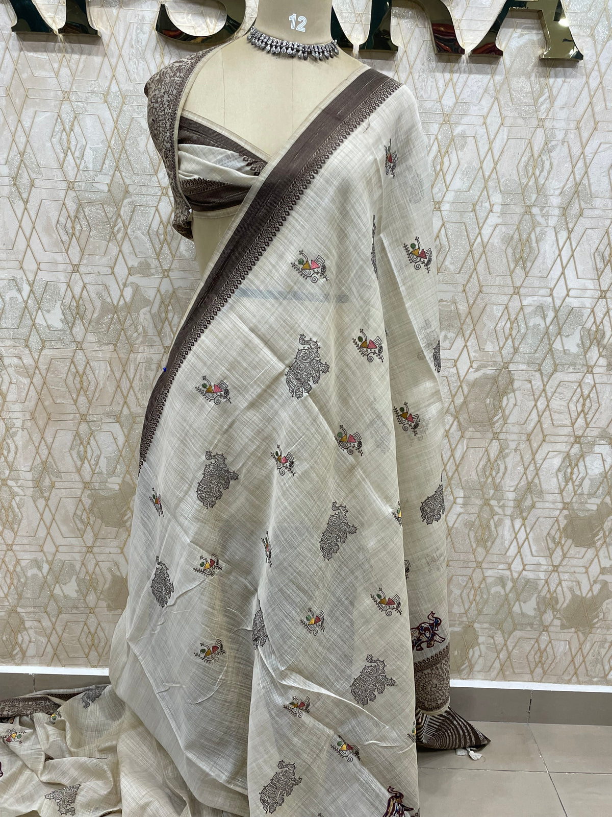 Cream n Brown Lenin Saree 52