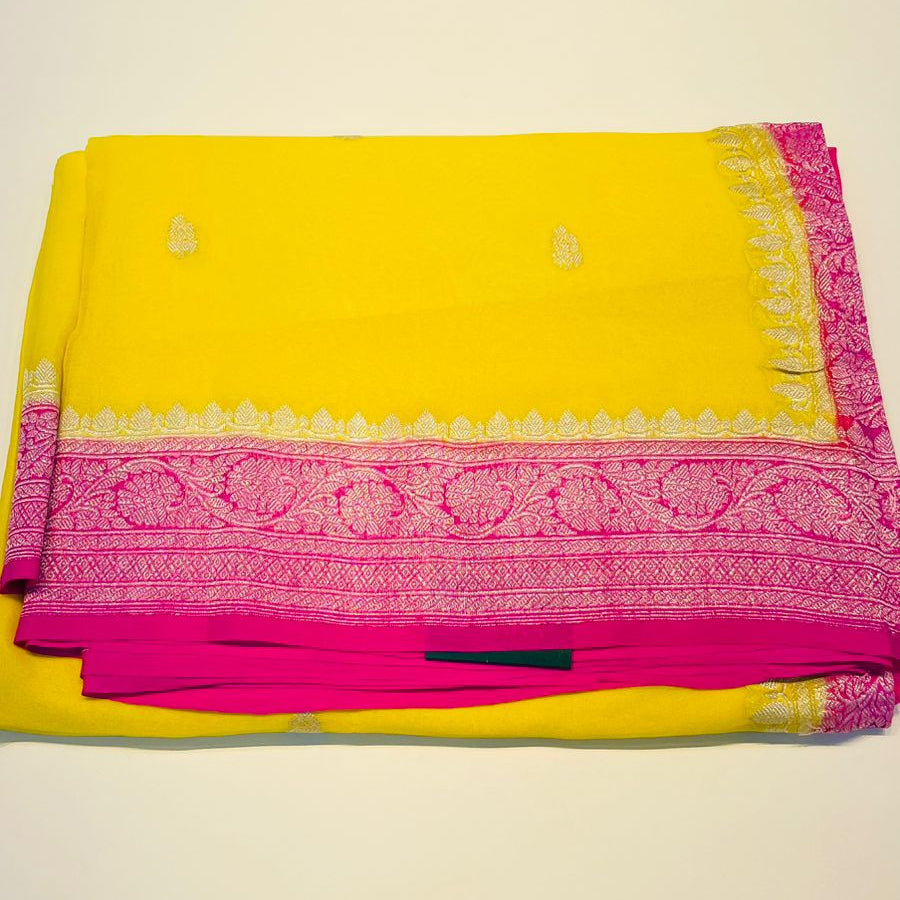 Yellow n Pink With Silver Zari Pure Khaddi Chiffon