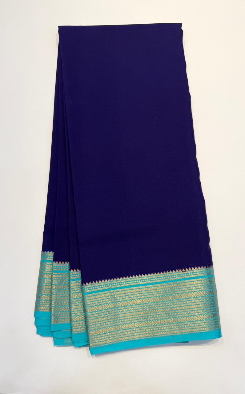 Navy Blue Pure Mysore Silk Crepe Saree 01
