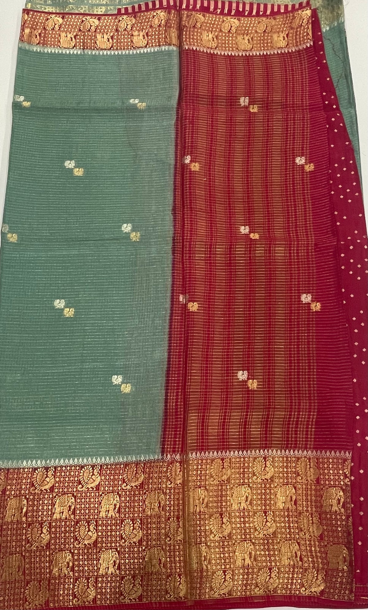 Sky Blue n Red Checks Cotton Silk Saree 13