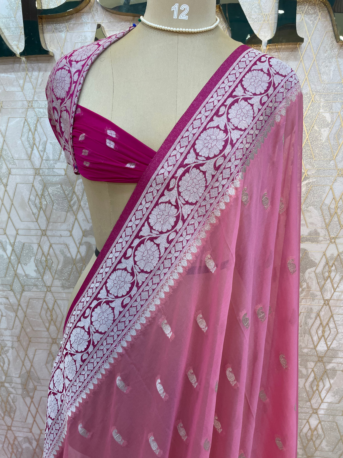 Pink With Silver Zari Semi Chiffon