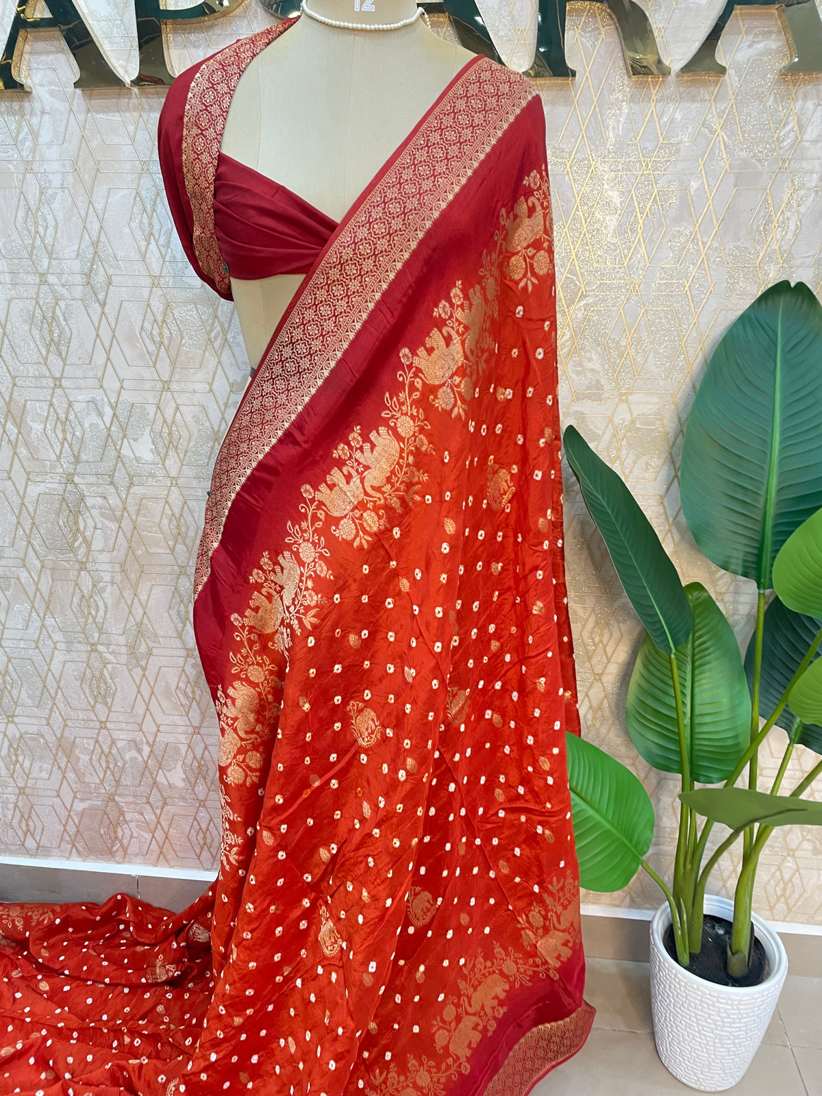Orange n Red Dola Silk Real Bandhini Saree 91