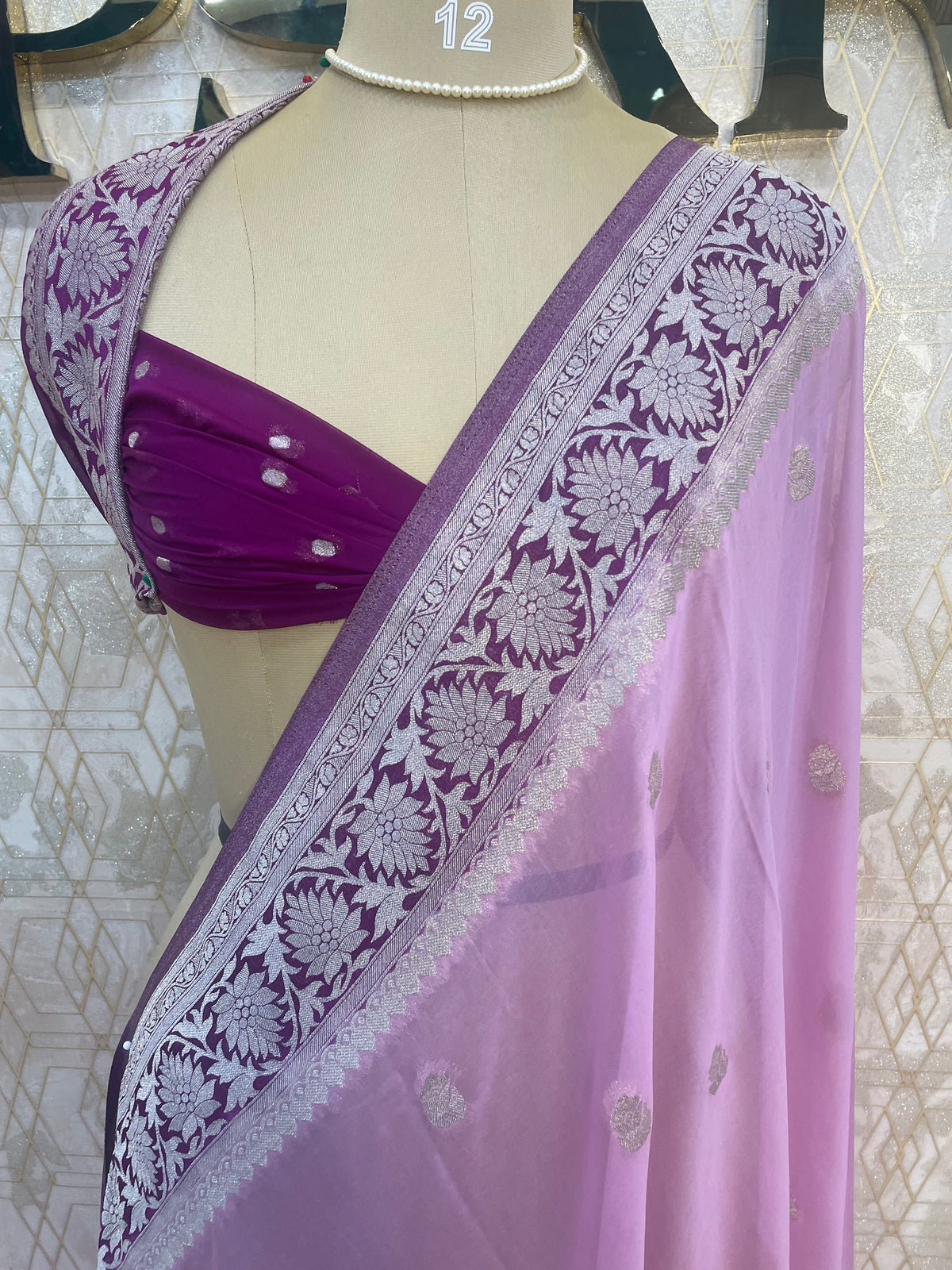 Lilac With Silver Zari Semi Chiffon