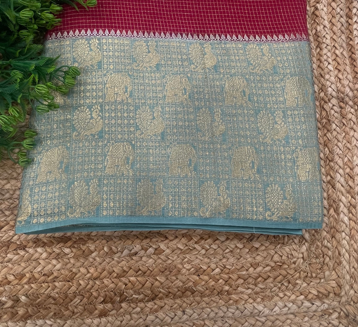 Red n Sky Blue Checks Cotton Silk Saree 13