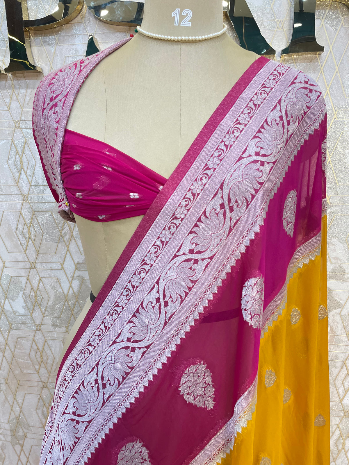 Yellow n Pink With Silver Zari Semi Chiffon