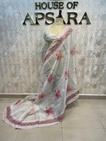 White n Pink Soft Tissue Embroidery With Floral Print Saree 64