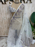 White n Purple Soft Organza Embroidery Saree 103