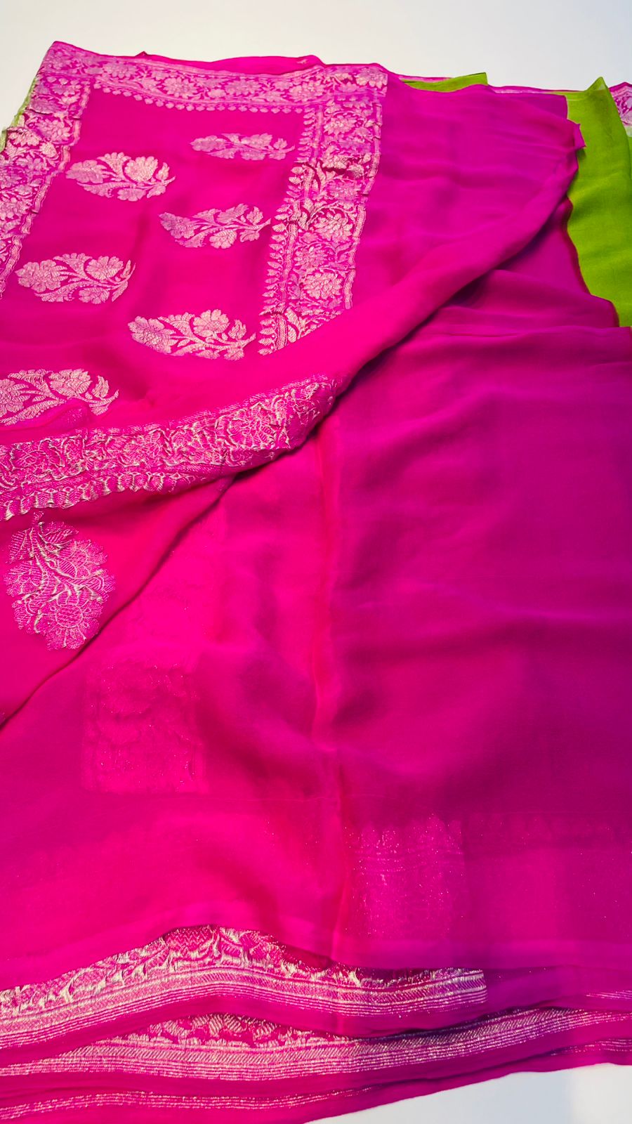 Green n Pink With Silver Zari Pure Khaddi Chiffon