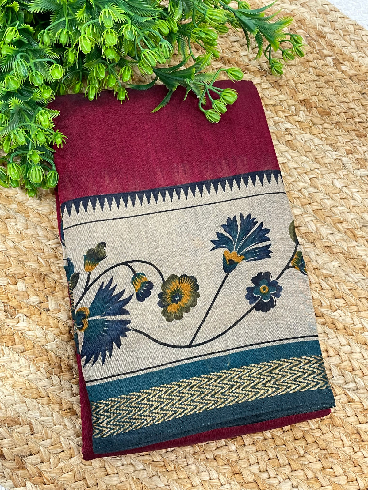 Red n Bottle Green Mangalgiri Cotton Silk Saree 13