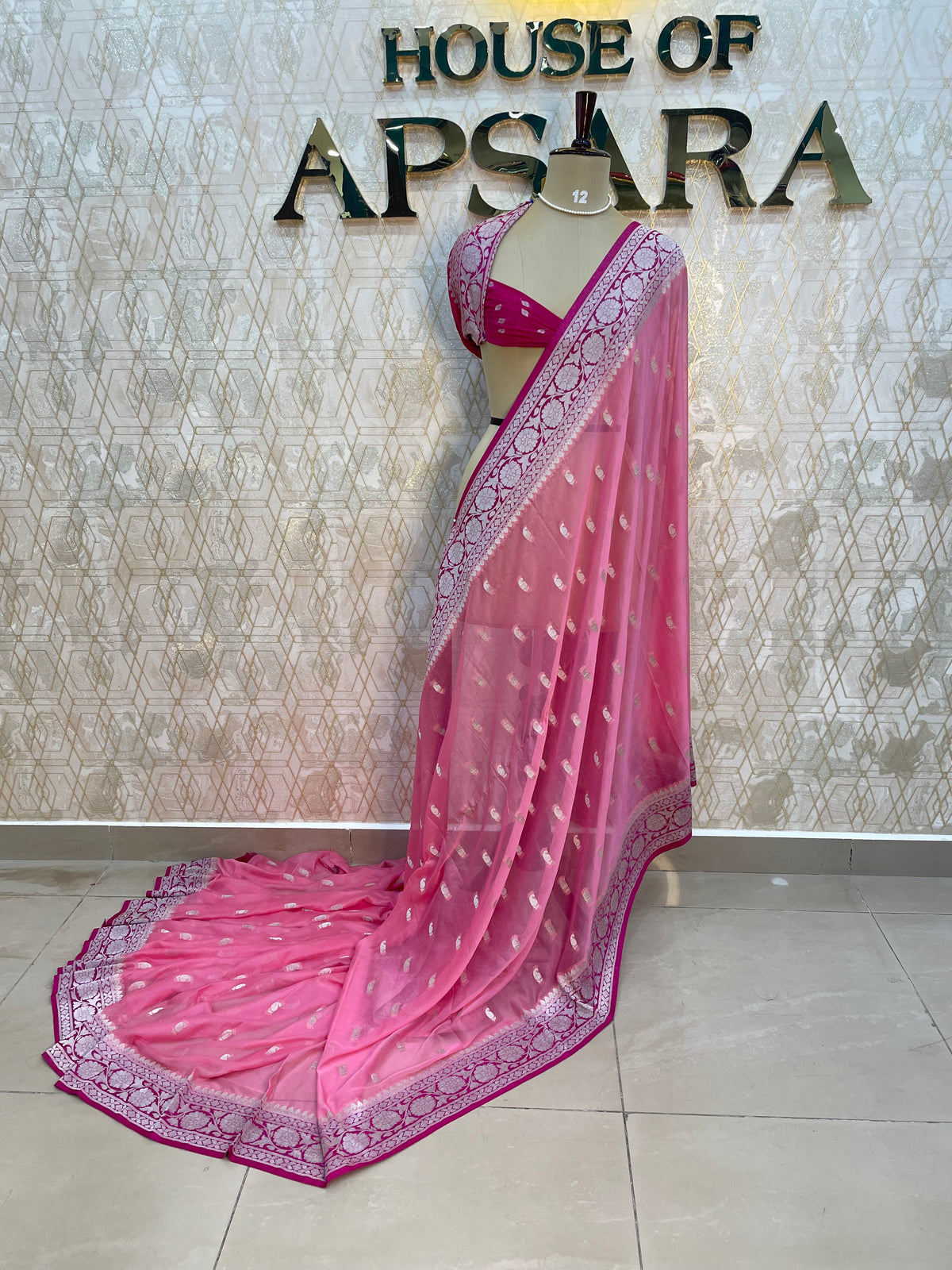 Pink With Silver Zari Semi Chiffon