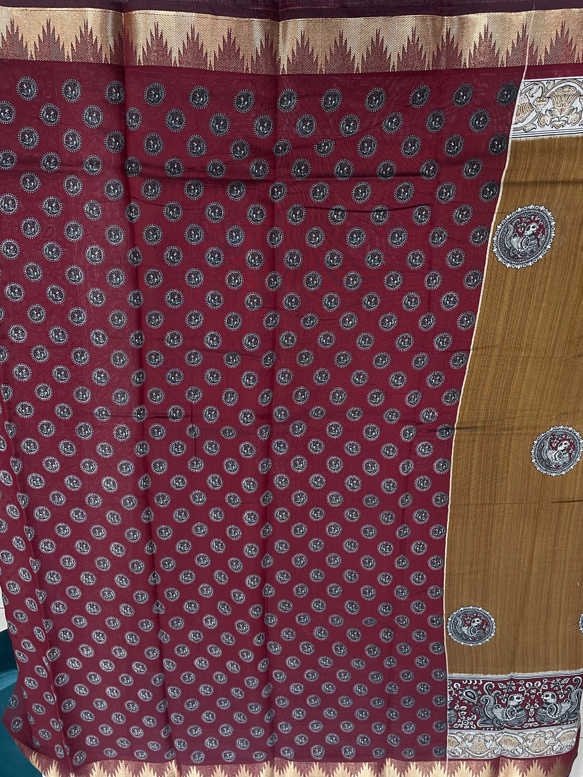 Mustard Yellow n Maroon Pure Mangalgiri Cotton Silk Saree 13