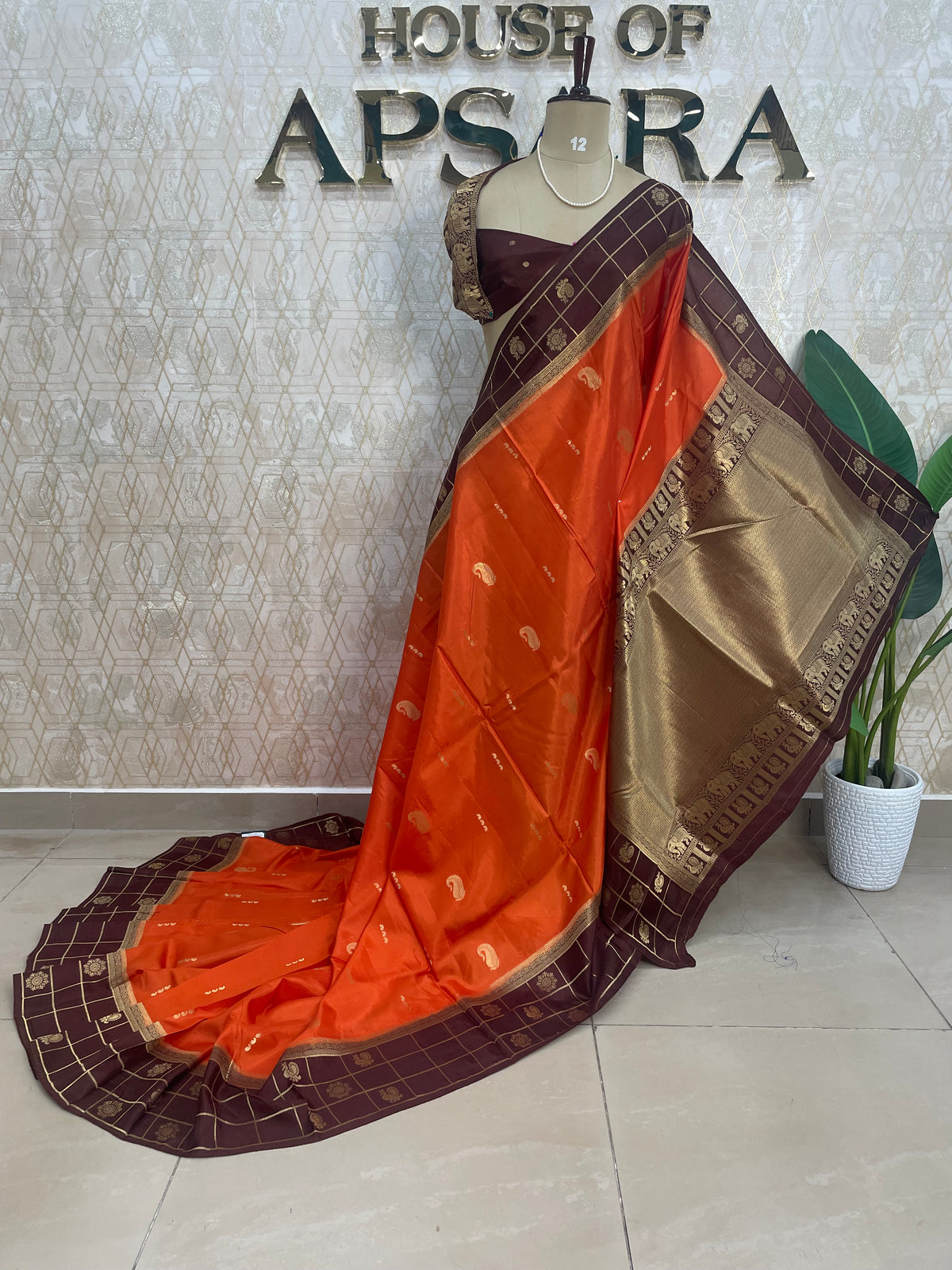 Orange n Brown Dola Crepe Vintage Border Saree 310